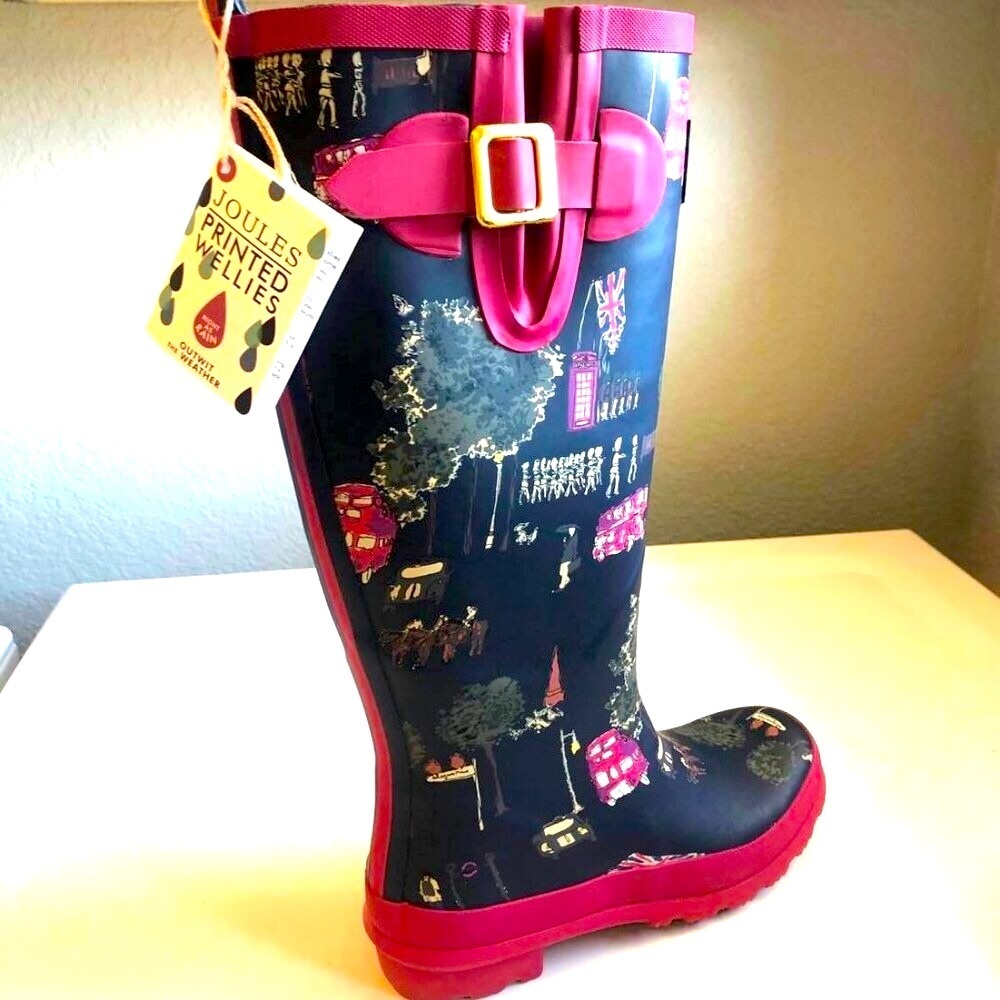 NWT JOULES Welly Print Wellies Tall Rain Boots London Scenery Gray/Pink 5